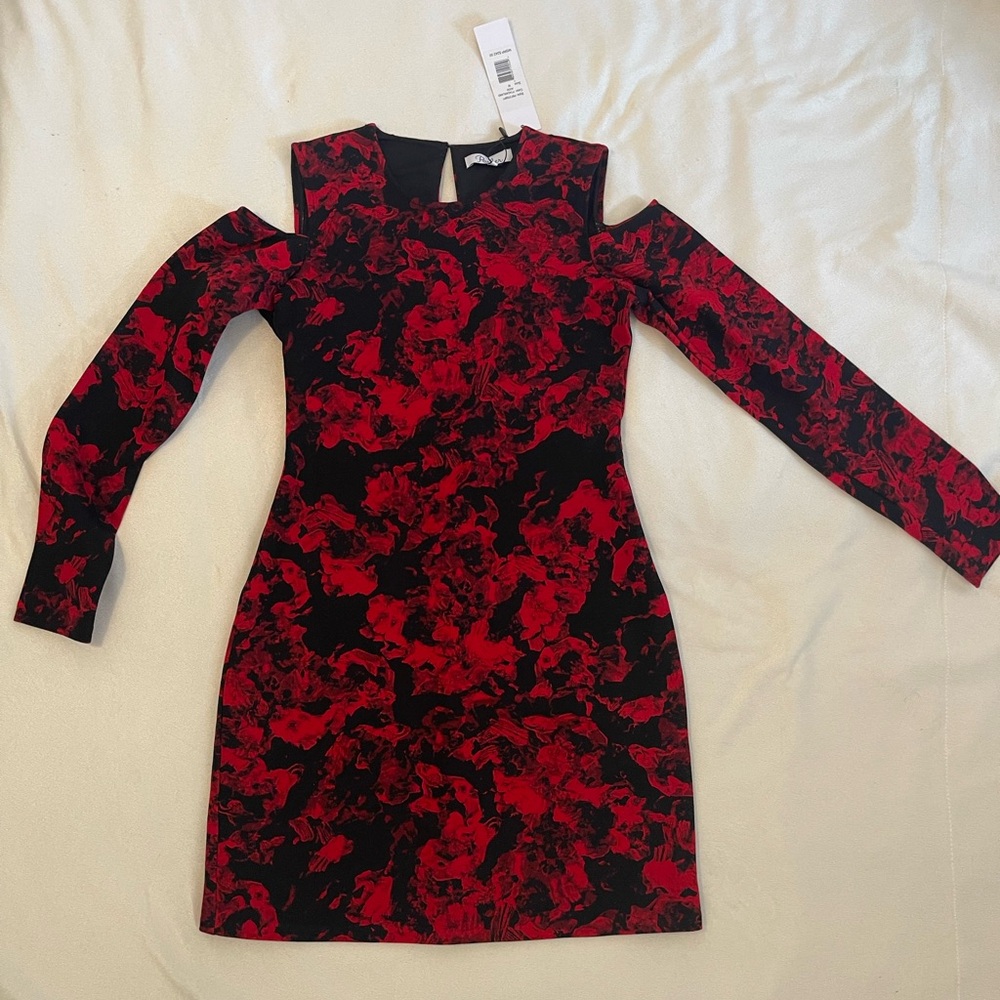 Parker Red and Black Sheath Dress with Cold Shoulder